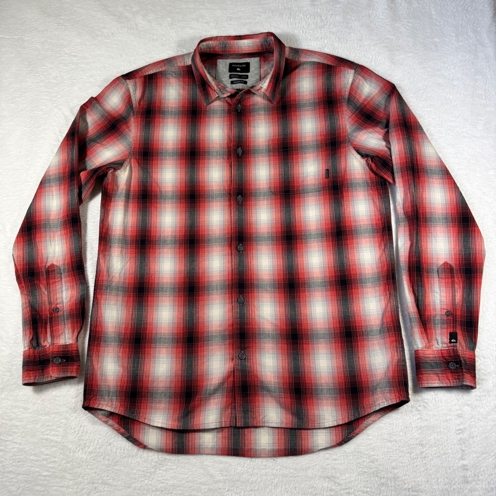 Quiksilver Button Down Shirt Mens Large Red Plaid Modern Fit Long Sleeve